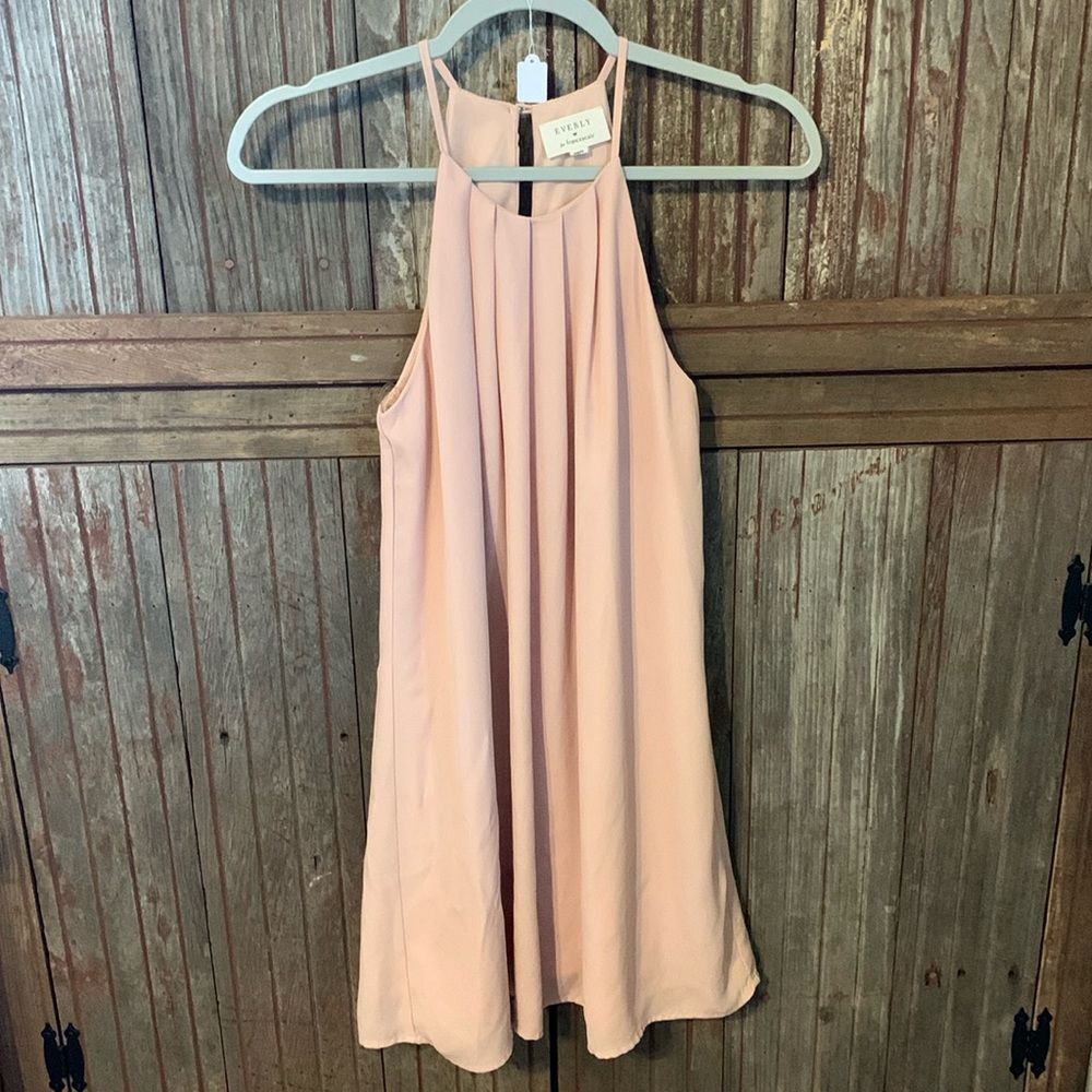 Women’s Everly Pleated Halter Blush Pink Keyhole Neutral Mini Dress Tunic